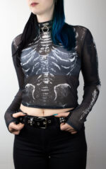 Phantom Veil Mesh Top – Transparentna gotik majica sa skelet printom
