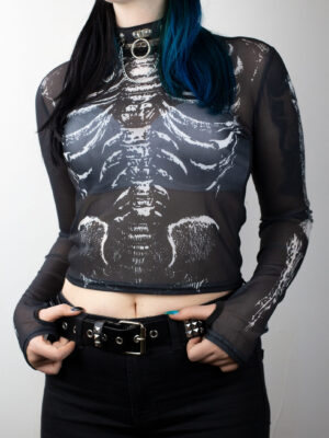 Phantom Veil Mesh Top – Transparentna gotik majica sa skelet printom