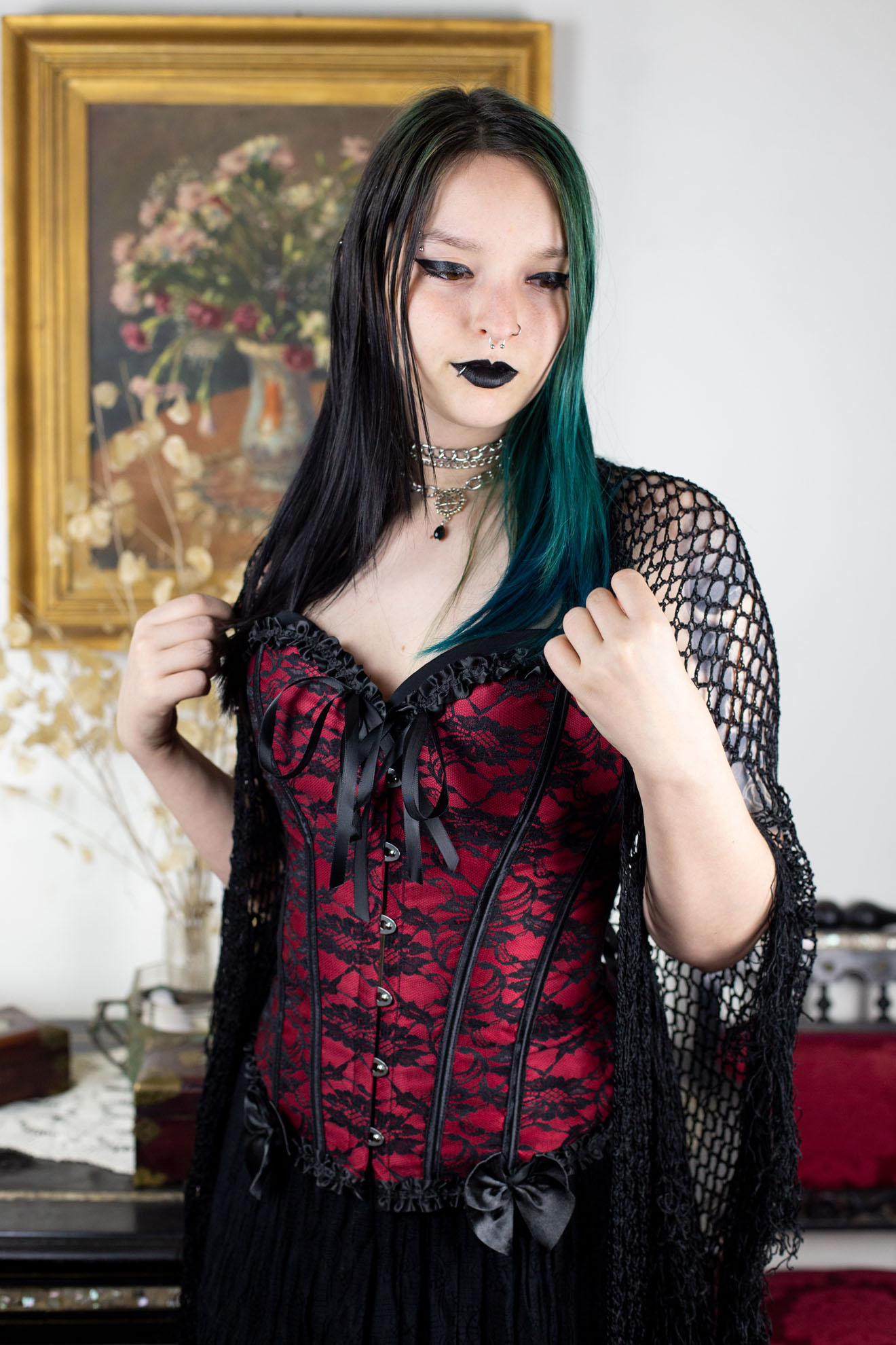 Crimson Widow Corset - Crveni brokatni overbust korset