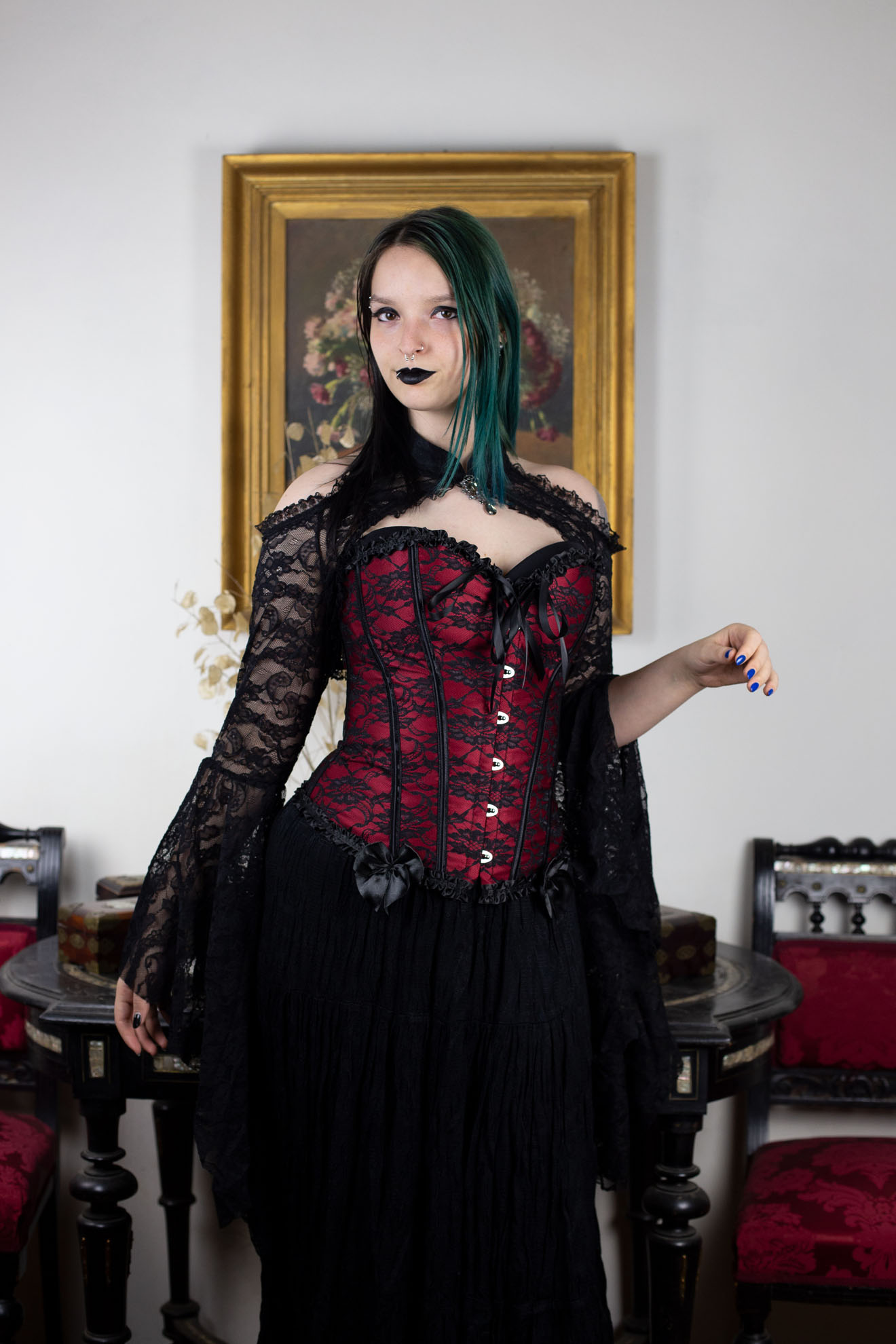 Crimson Widow Corset - Crveni brokatni overbust korset - Image 2